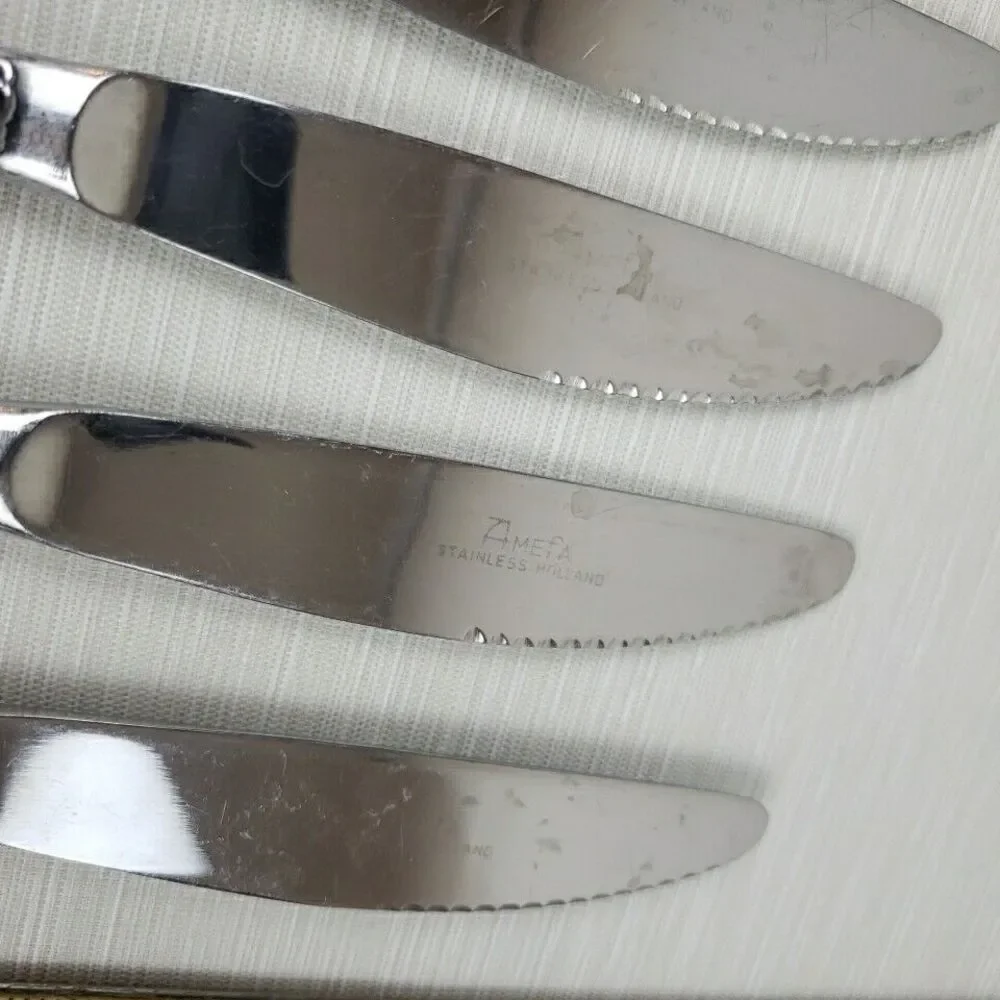 Amefa Dinner Knives Stainless Holland AFS1 4 Pcs Scroll Leaf Flatware Silverware